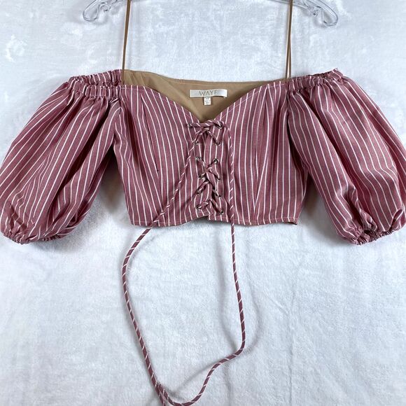 WAYF Blouse‎ Top Women Sz XS  PinkStriped Lace Up Milkmaid Coquette Corset - Picture 5 of 9